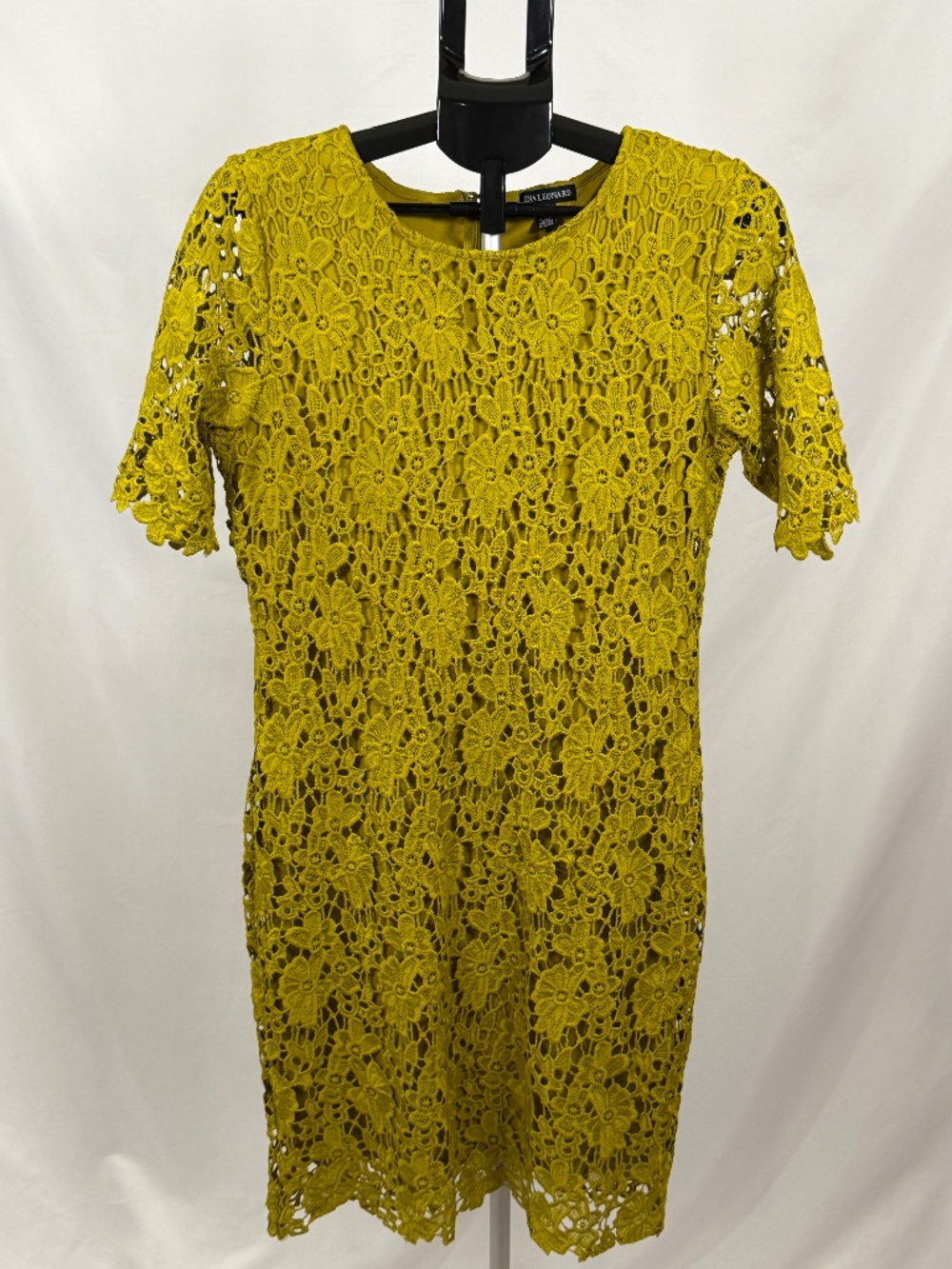 Nina Leonard Floral Lace Sheath Dress Chartreuse Mustard Medium